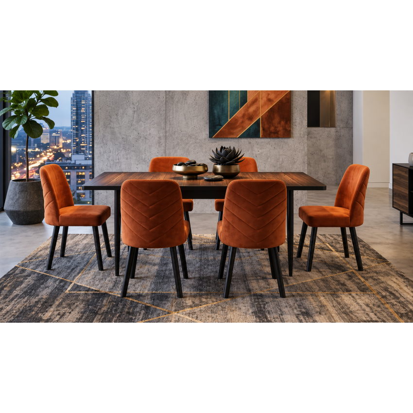 Set masaextensibila  Palma cu 6 scaune tapitate, 130-170x90cm, maro/negru