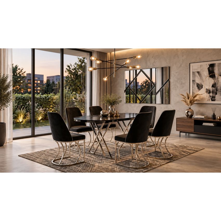 Set masa Rosto cu 6 scaune tapitate, 160x90cm, negru auriu