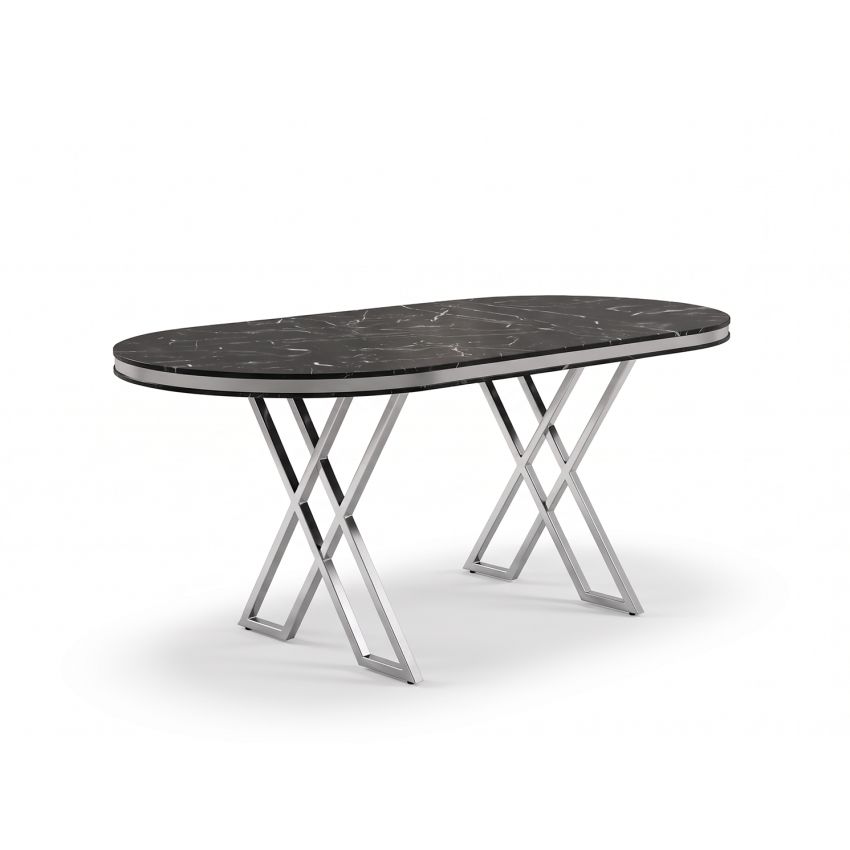 Set masa Rosto cu 6 scaune tapitate, 160x90cm, negru argintiu